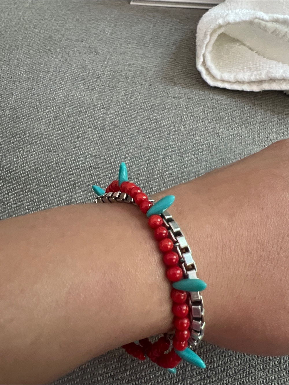 Red Coral Bead & Turquoise Stretch Bracelet Set -Unisex Jewelry